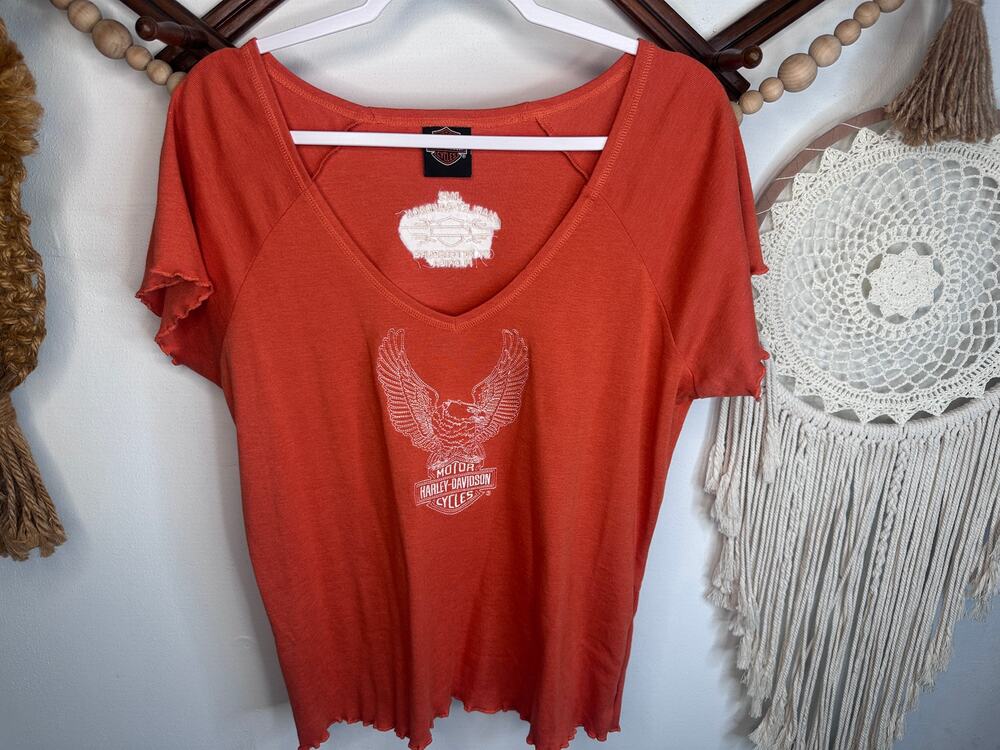 Harley Davidson Orange V Neck Embroidered T